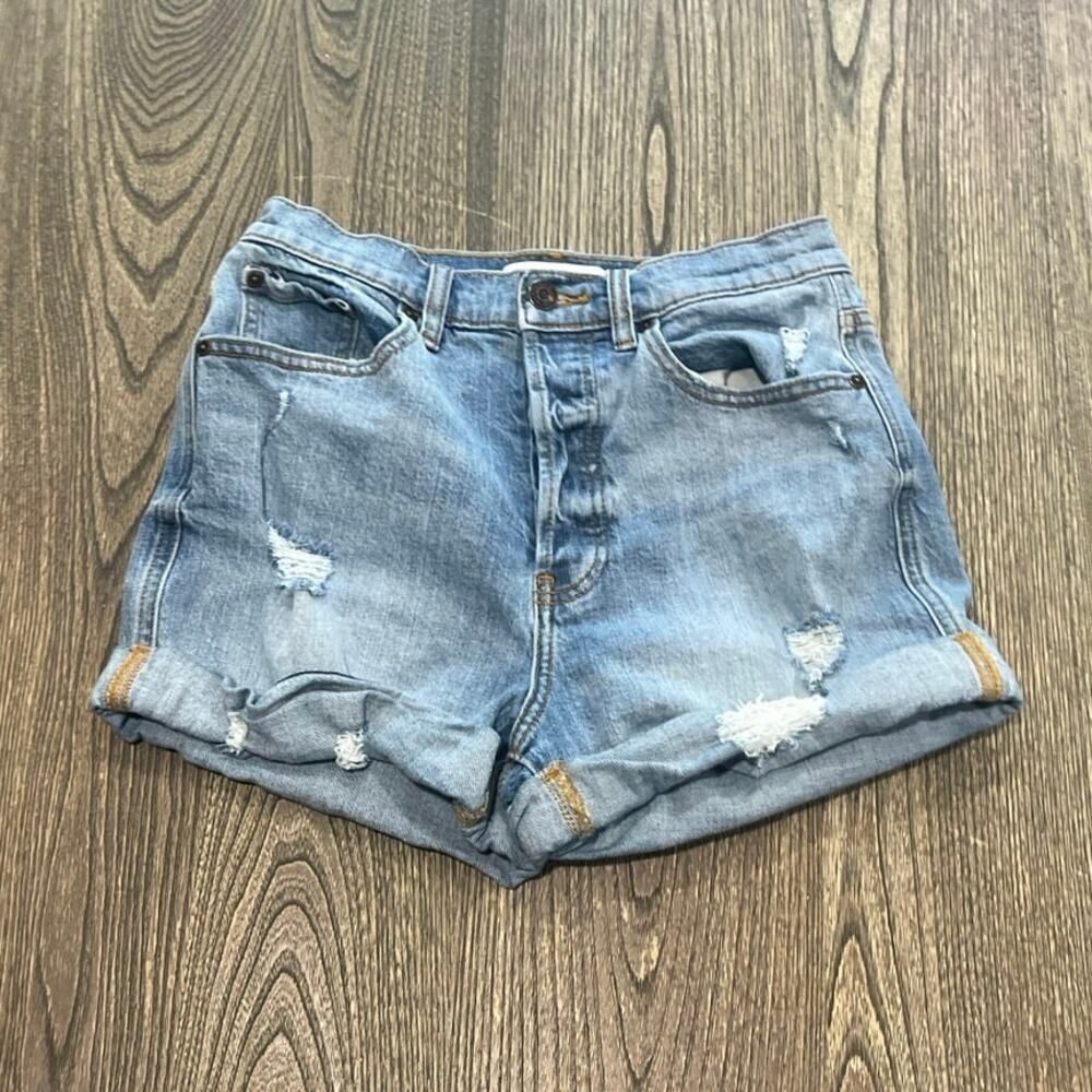 Eunina Olivia Mom Shorts Ultra High Rise Distressed Button Fly Denim Blue Size S